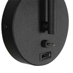 Base de lampe murale noire en métal avec port USB et interrupteur, bras flexible
