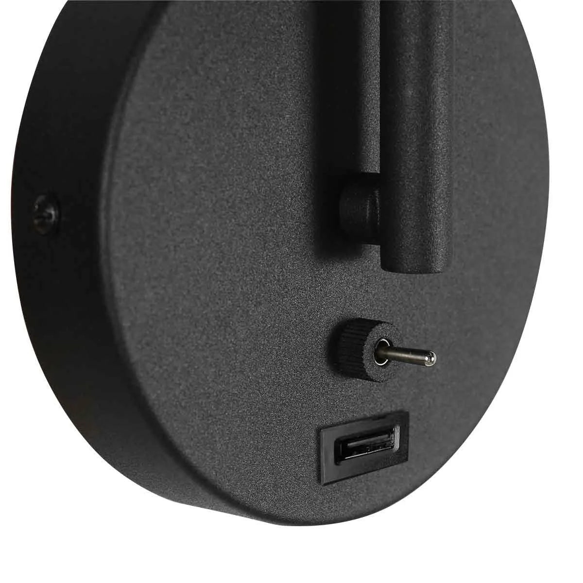 Base de lampe murale noire en métal avec port USB et interrupteur, bras flexible