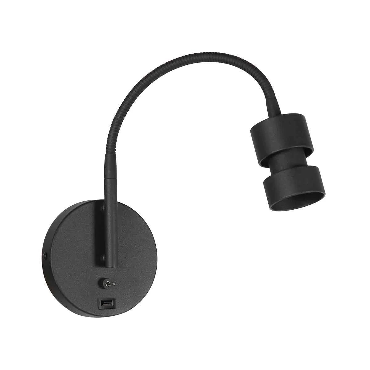 Applique murale noire en métal avec bras flexible, port USB, H33 cm