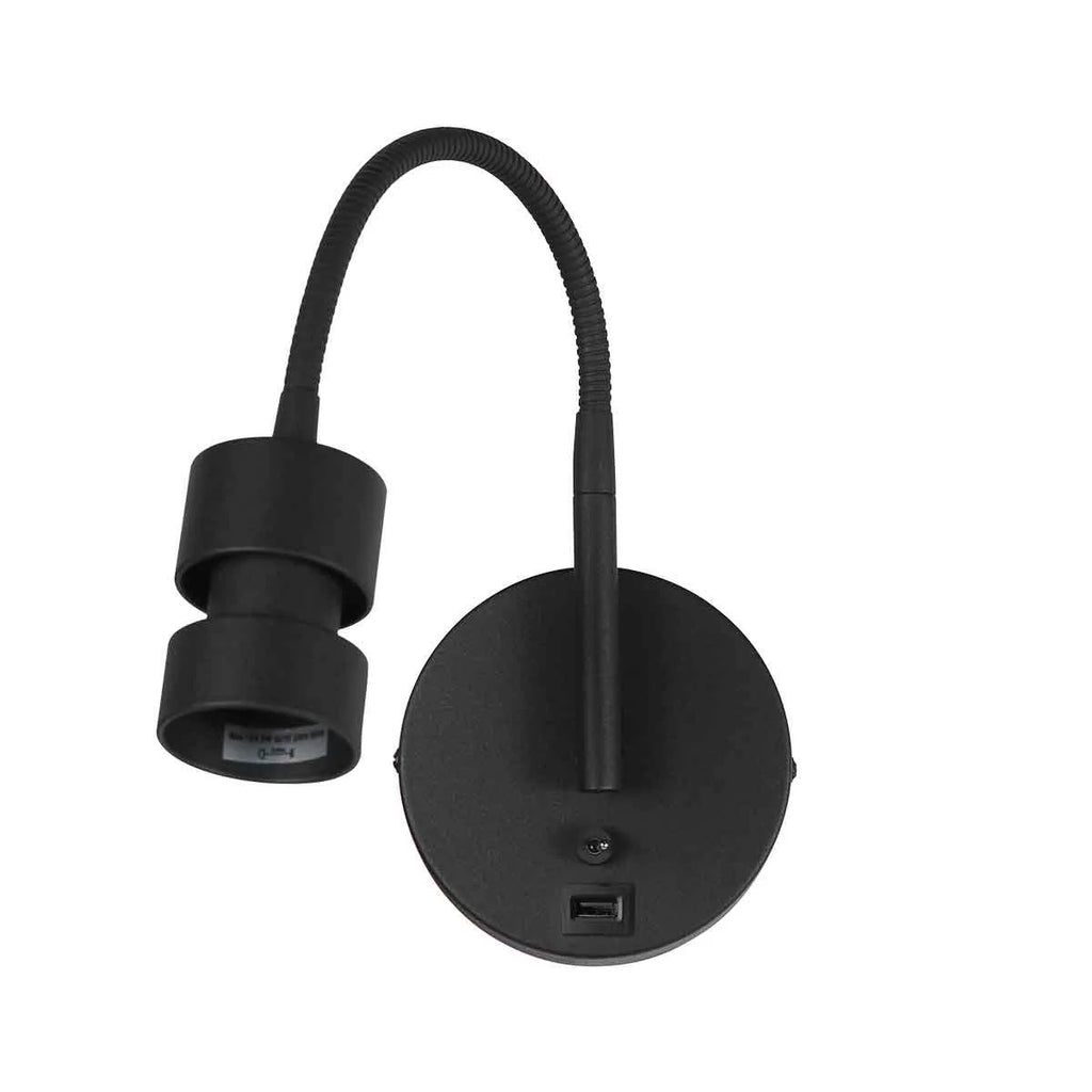 Applique murale noire en métal avec bras flexible et port USB, H33 cm