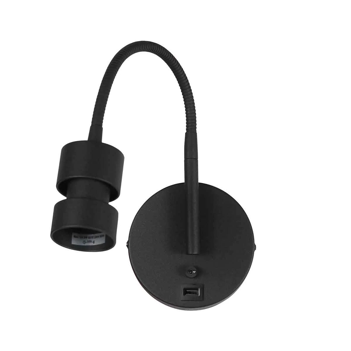 Applique murale noire en métal avec bras flexible et port USB, H33 cm