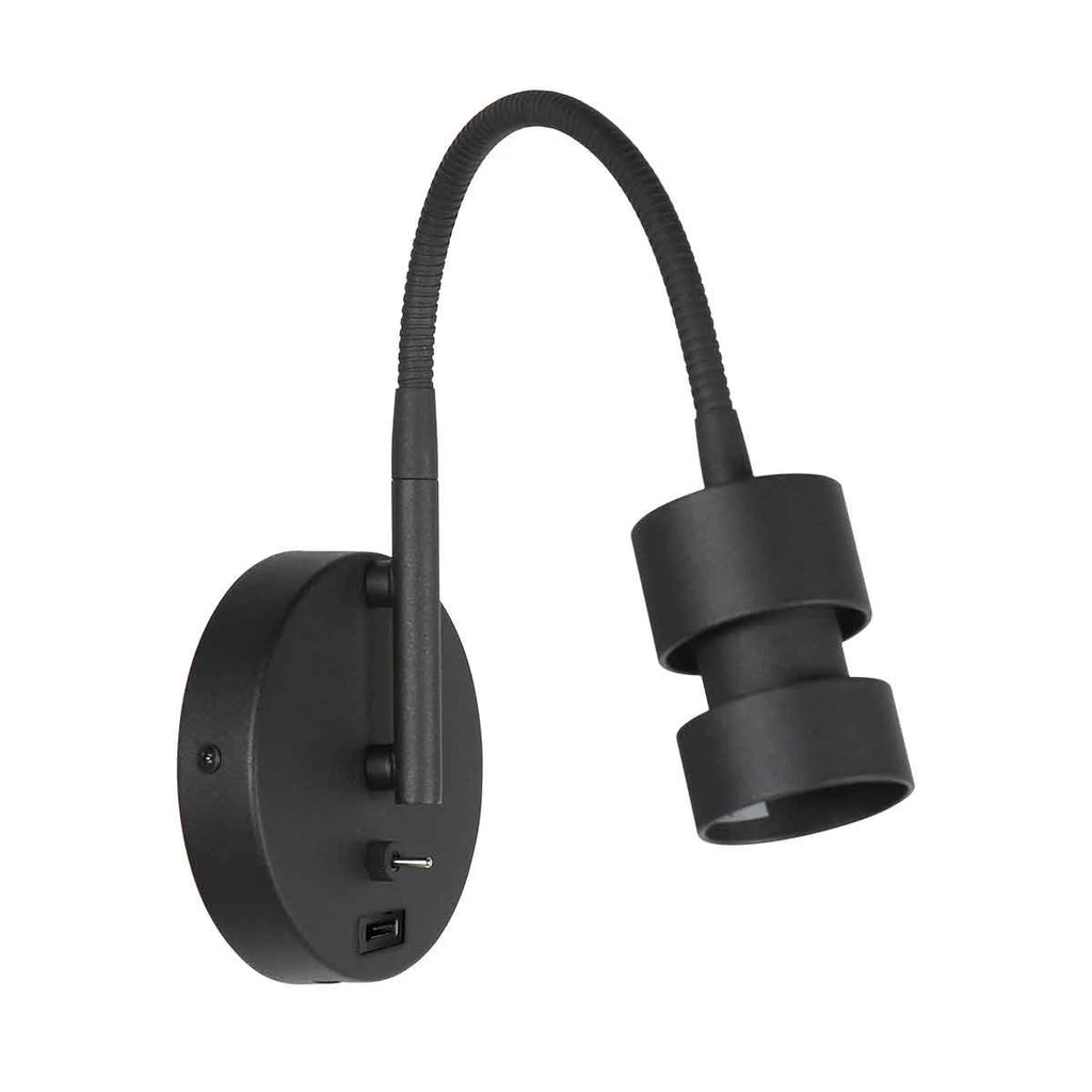Applique murale noire en métal avec bras flexible, port USB, haut de 33 cm