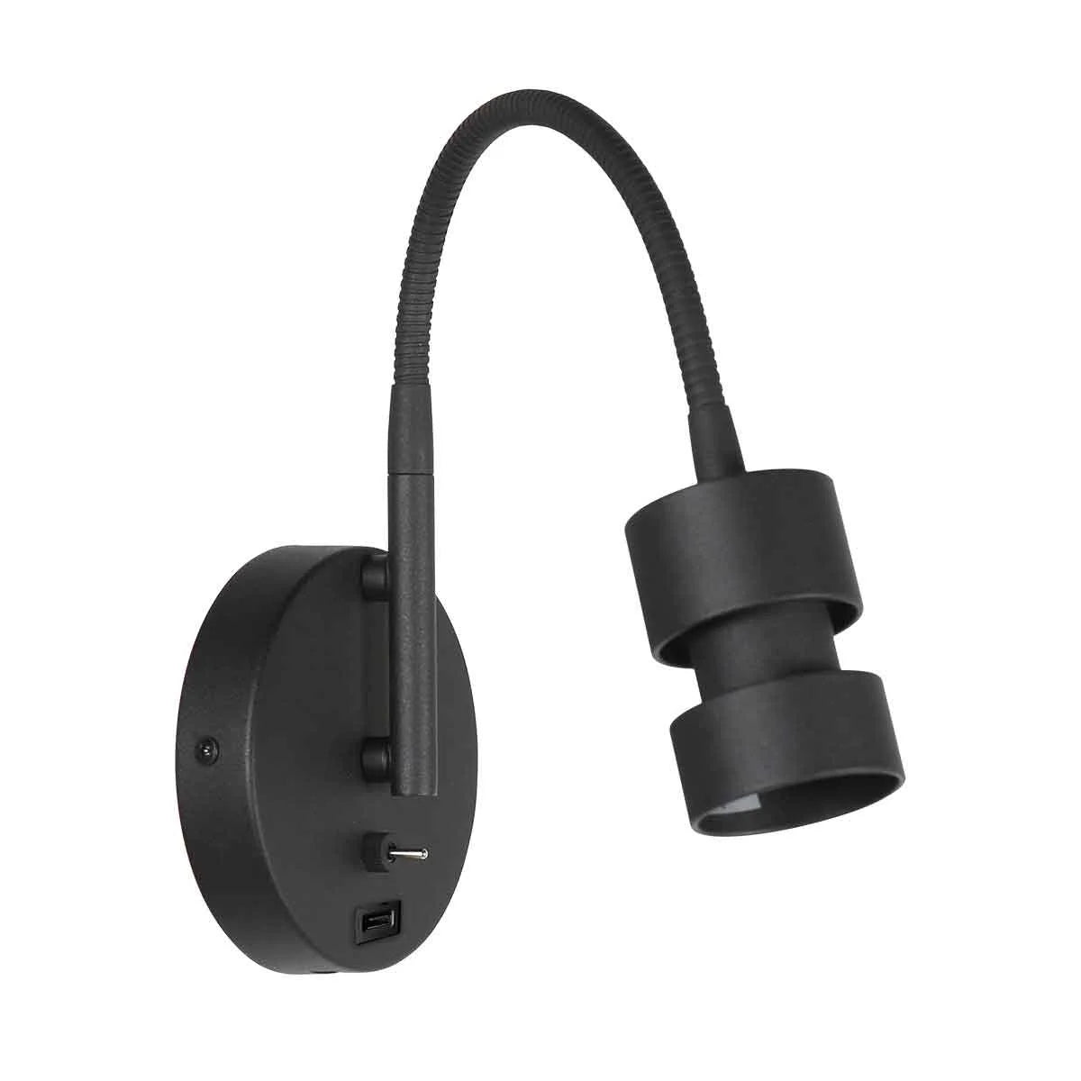 Applique murale noire en métal avec bras flexible, port USB, haut de 33 cm