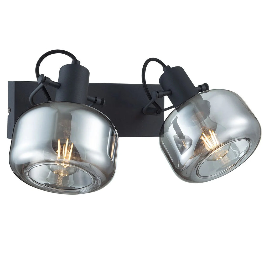 Applique murale noire en métal et verre fumé avec deux lumières orientables