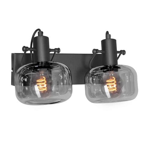 Applique murale noire en métal et verre fumé avec deux lumières orientables