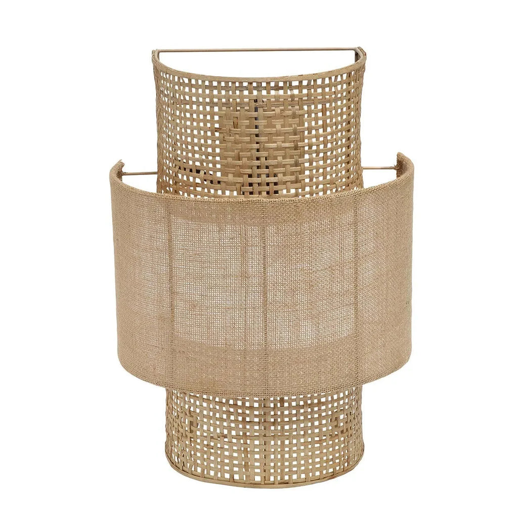Applique murale cylindrique en rotin ajouré et jute beige, H41 cm