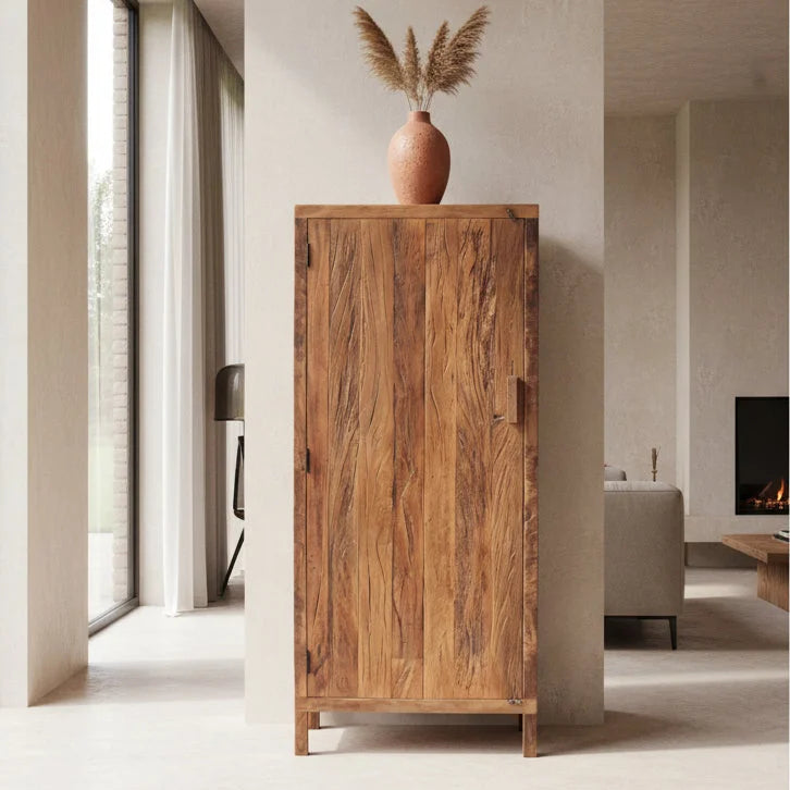 Armoire haute 1 porte en bois recyclé brun naturel, 80x40 cm