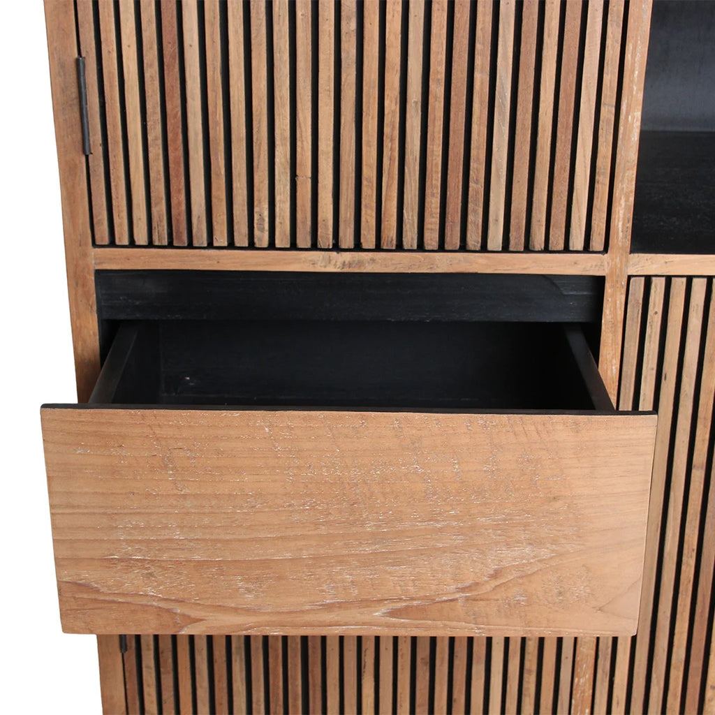 Armoire en teck rainuré naturel et noir, tiroir ouvert, 90x45 cm