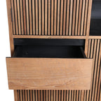 Armoire en teck rainuré naturel et noir, tiroir ouvert, 90x45 cm