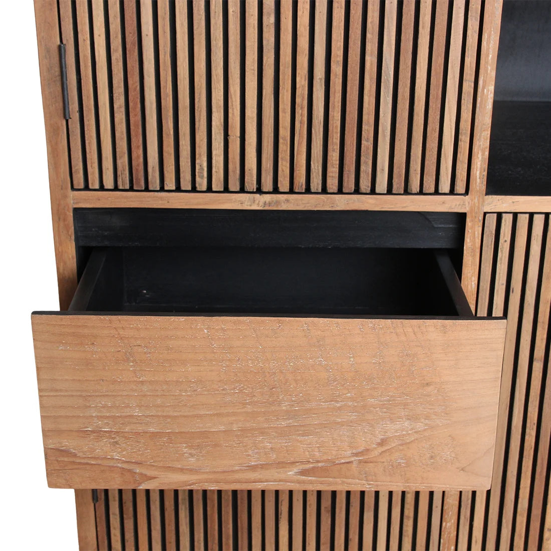 Armoire en teck rainuré naturel et noir, tiroir ouvert, 90x45 cm
