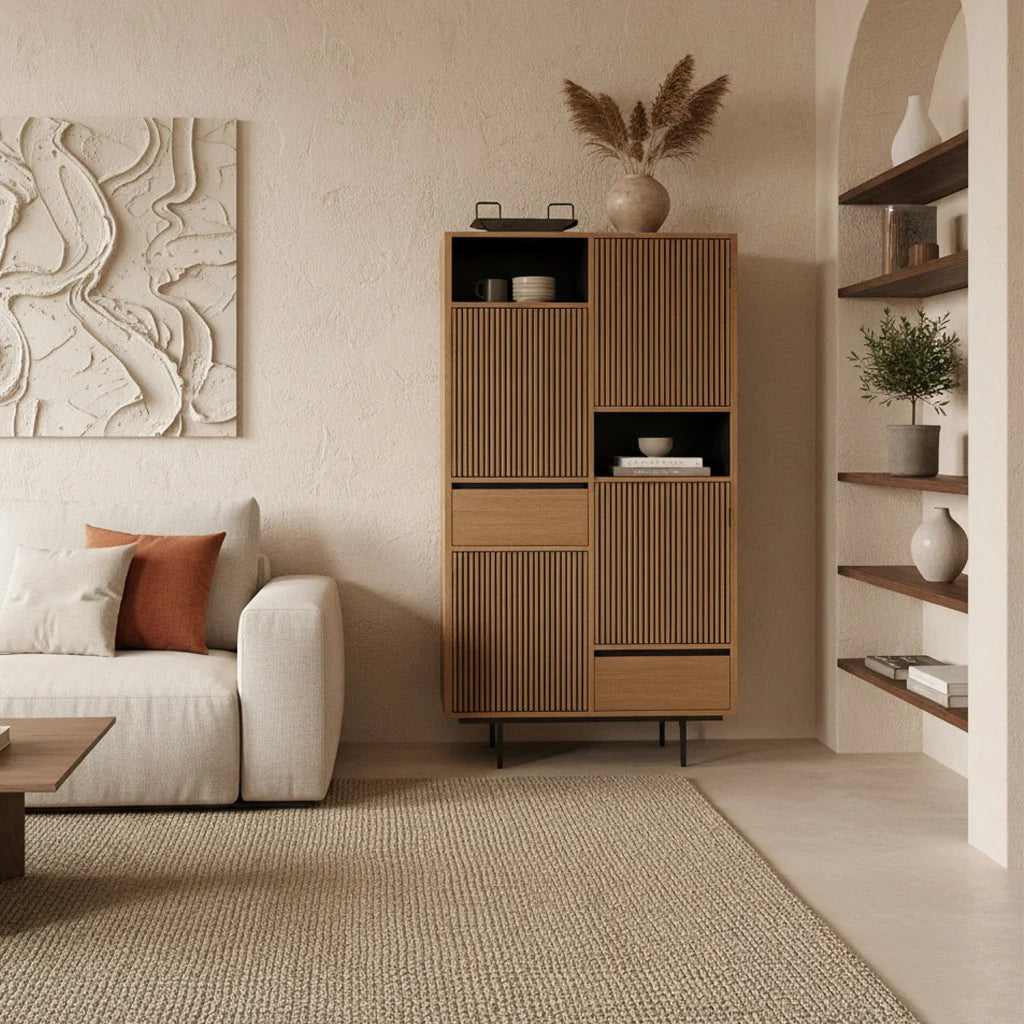 Armoire en teck rainuré bois naturel et noir, 90x45 cm