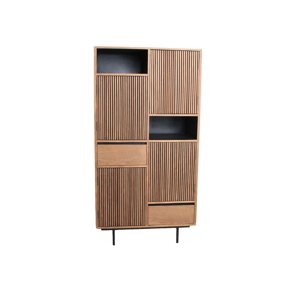 Armoire en teck rainuré naturel avec pieds noirs métalliques, 90x45 cm