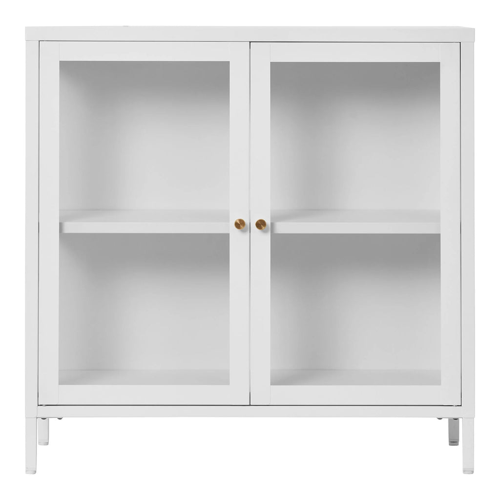 Armoire vitrée en acier blanc avec poignées dorées, 80x35 cm