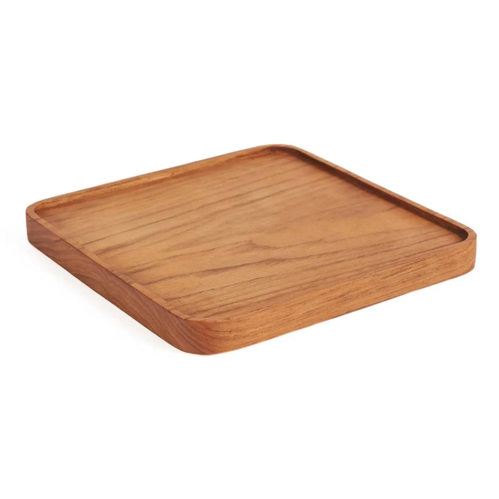 Plateau carré en bois de teck brun naturel pour café ou dessert