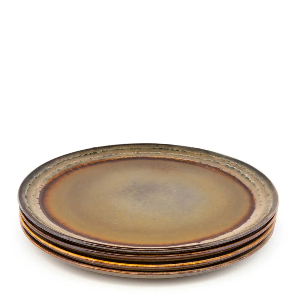 Assiette en céramique artisanale dégradé marron avec rebord bronze-brun, lot de 4