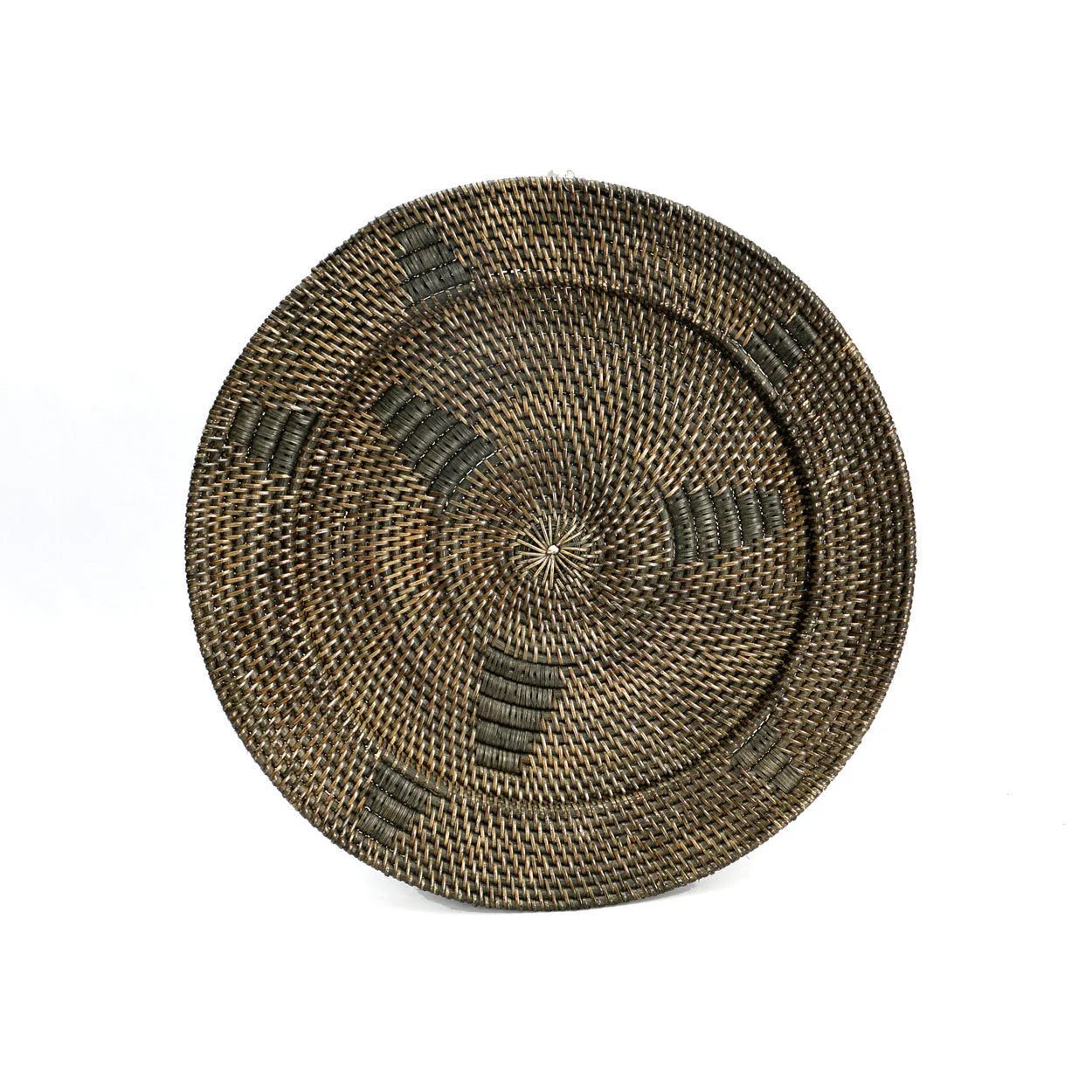 Plateau de service rond en rotin brun tressé avec motif en spirale et segments
