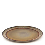 Assiette en grès émaillé brun dégradé vert, bord texturé rustique