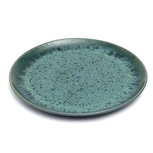 Assiette en grès émaillé vert aqua moucheté effet halo