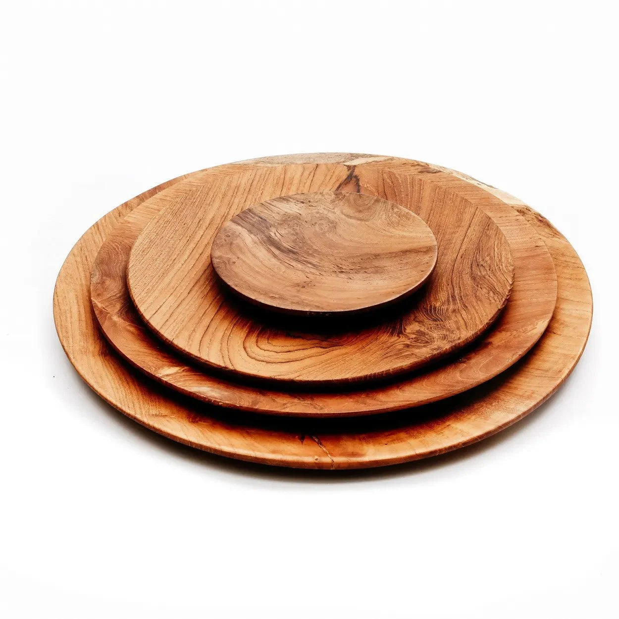 Platters en bois de teck naturel empilés avec veines apparentes - Ø34,5 cm