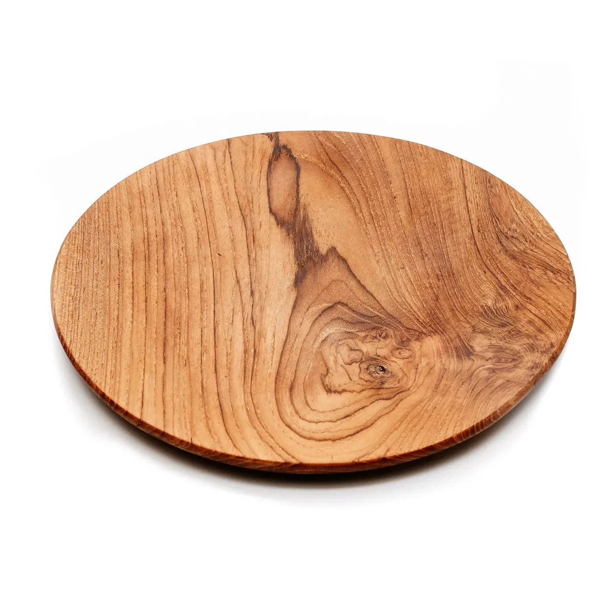 Planche à découper ronde en bois de teck naturel avec veines apparentes de 34,5 cm