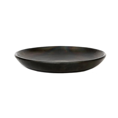 Assiette ronde en terre cuite brûlée noire profonde de 26 cm avec large rebord