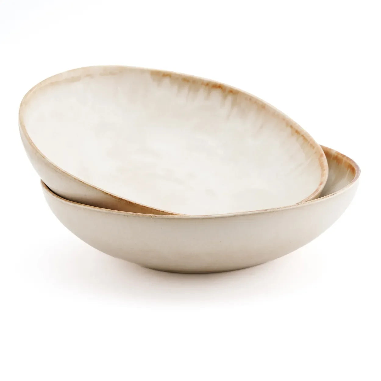 Assiettes à pâtes en céramique blanc cassé avec bord doré, set de 4
