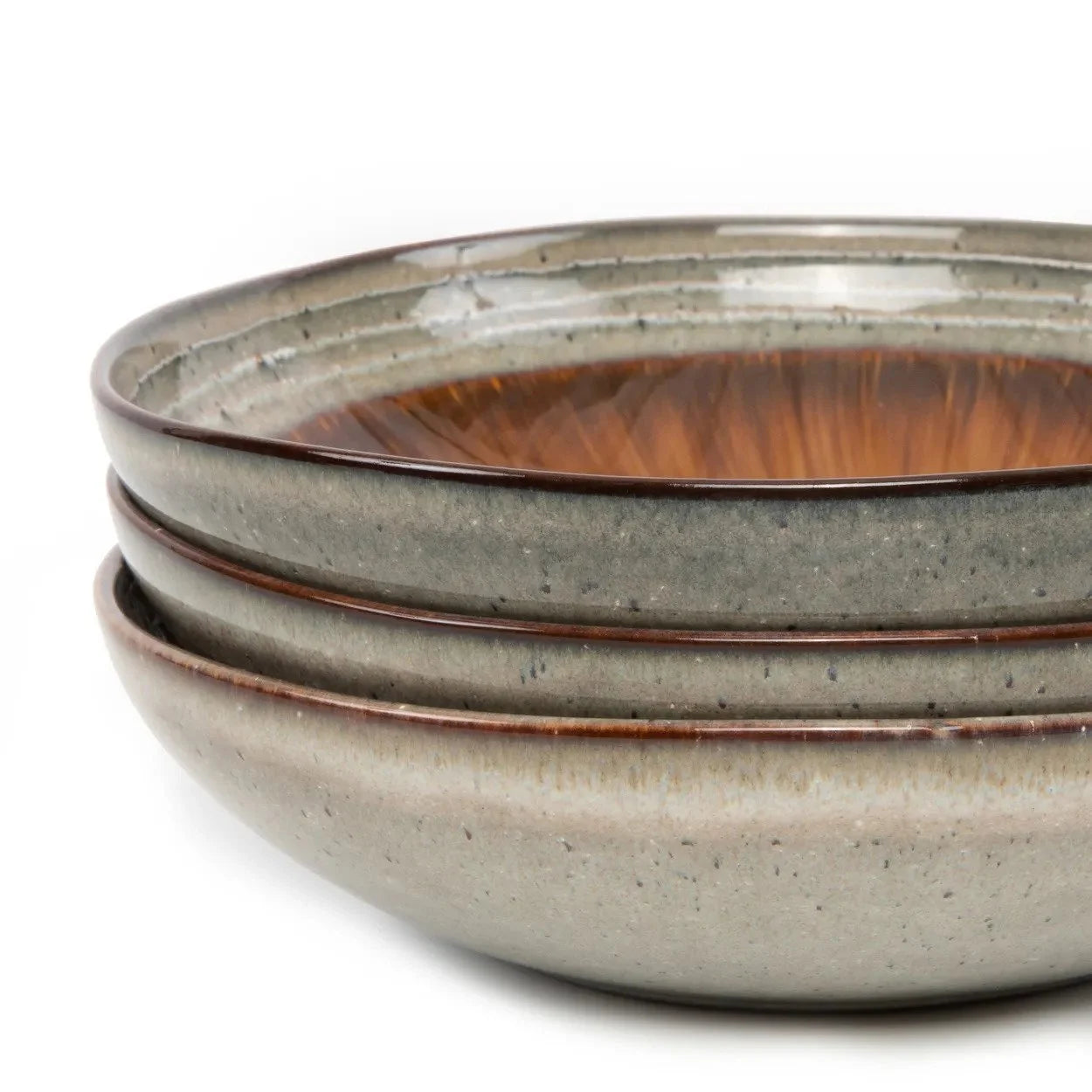 Assiettes à pâtes en céramique émaillée gris brun intérieur rayonnant, lot de 4