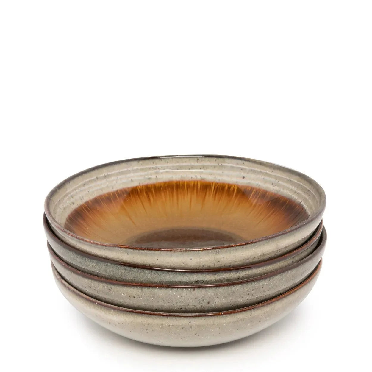 Set de 4 assiettes à pâtes en céramique émaillée gris brun intérieur rayonnant