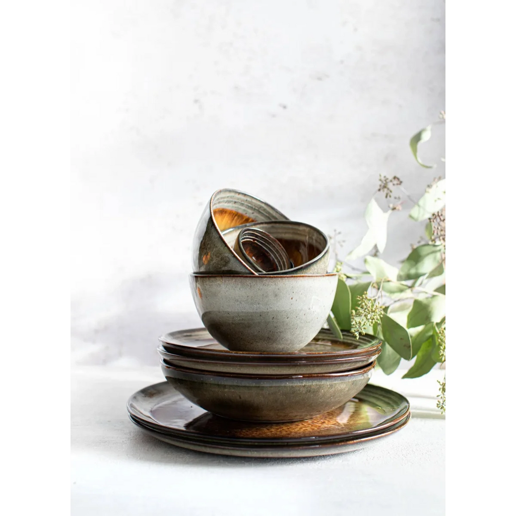 Assiettes à pâtes en céramique émaillée gris brun avec glaçure rustique, lot de 4