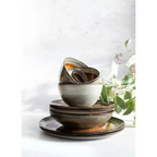 Assiettes à pâtes en céramique émaillée gris brun avec glaçure rustique, lot de 4