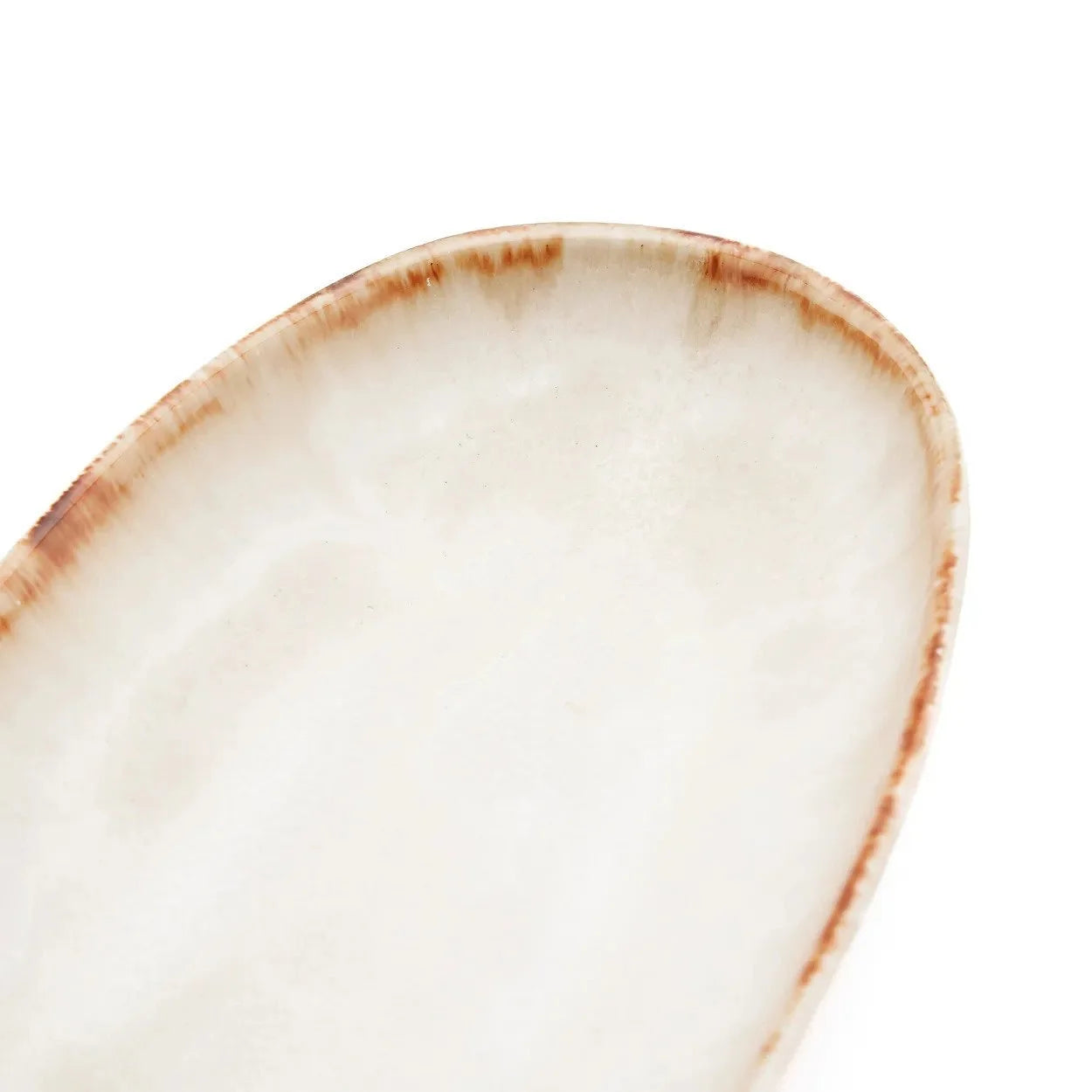 Assiettes ovales en céramique blanche avec bordure brune, lot de 6 finition artisanale