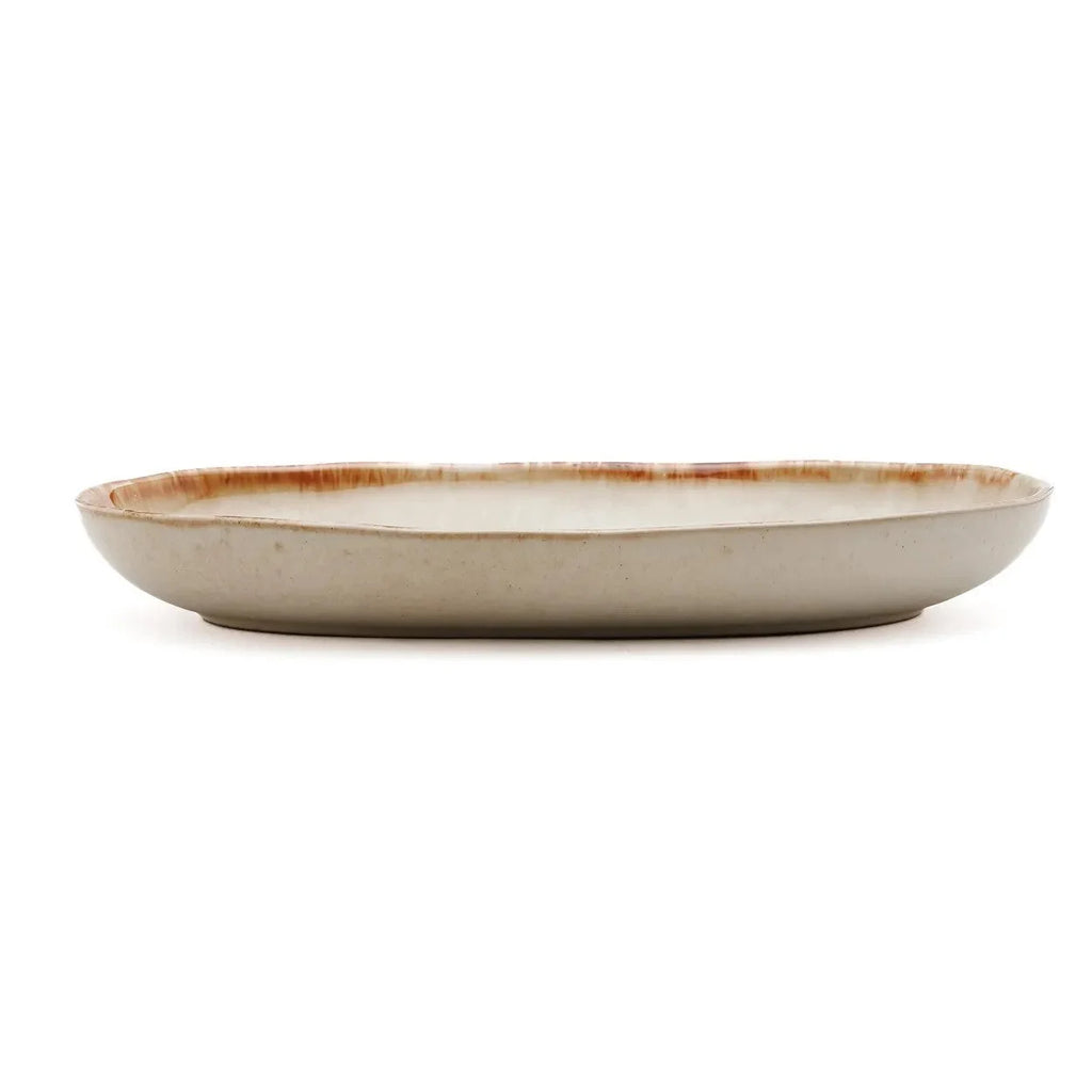 Plat en céramique ovale blanc et brun avec finition artisanale, lot de 6