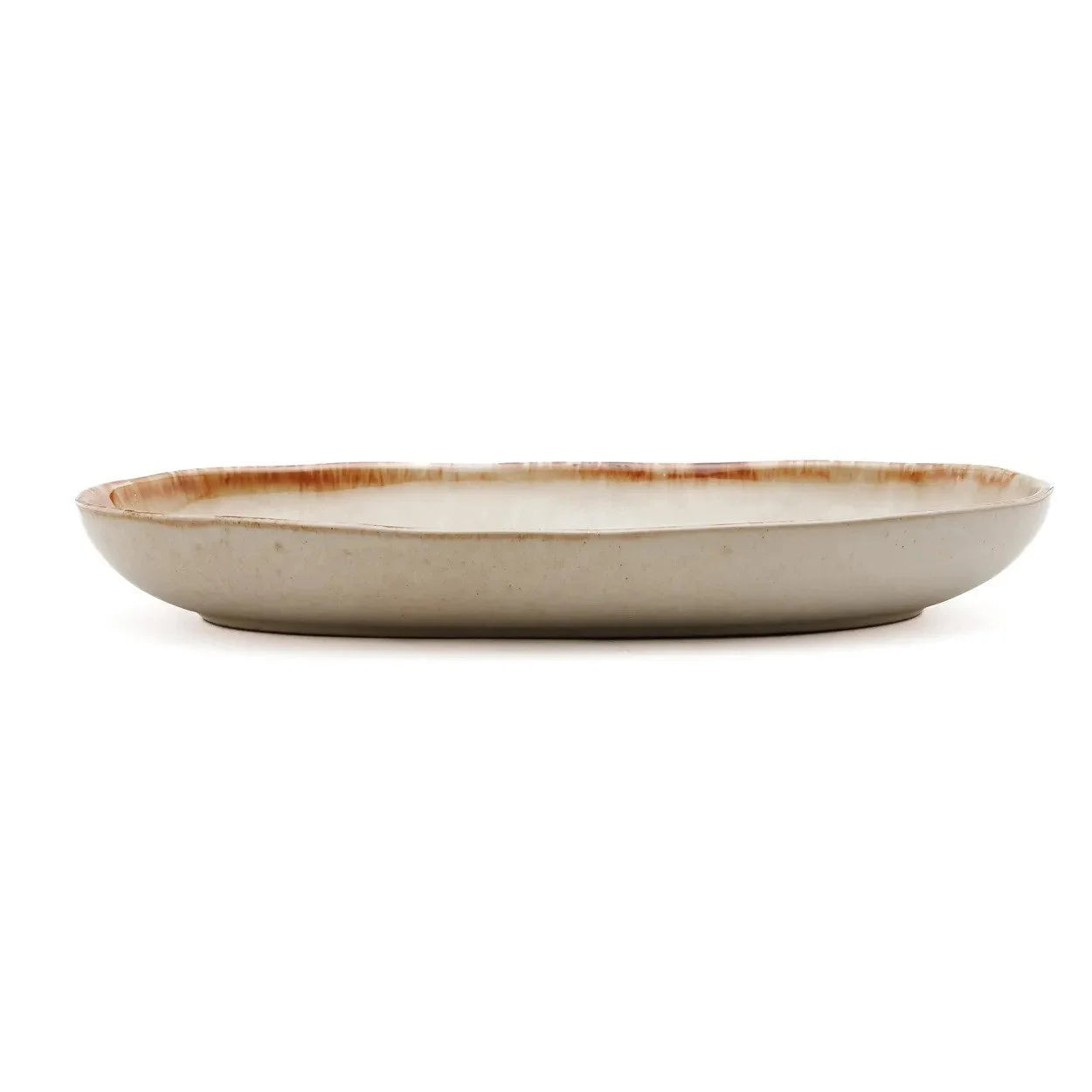 Plat en céramique ovale blanc et brun avec finition artisanale, lot de 6