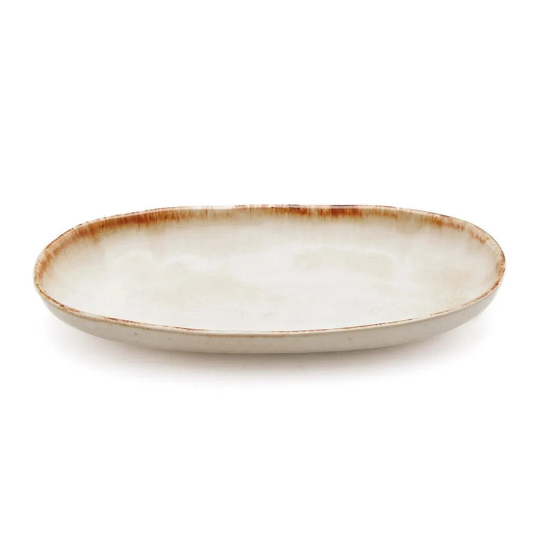 Assiettes ovales en céramique blanche et brune finition artisanale – Lot de 6