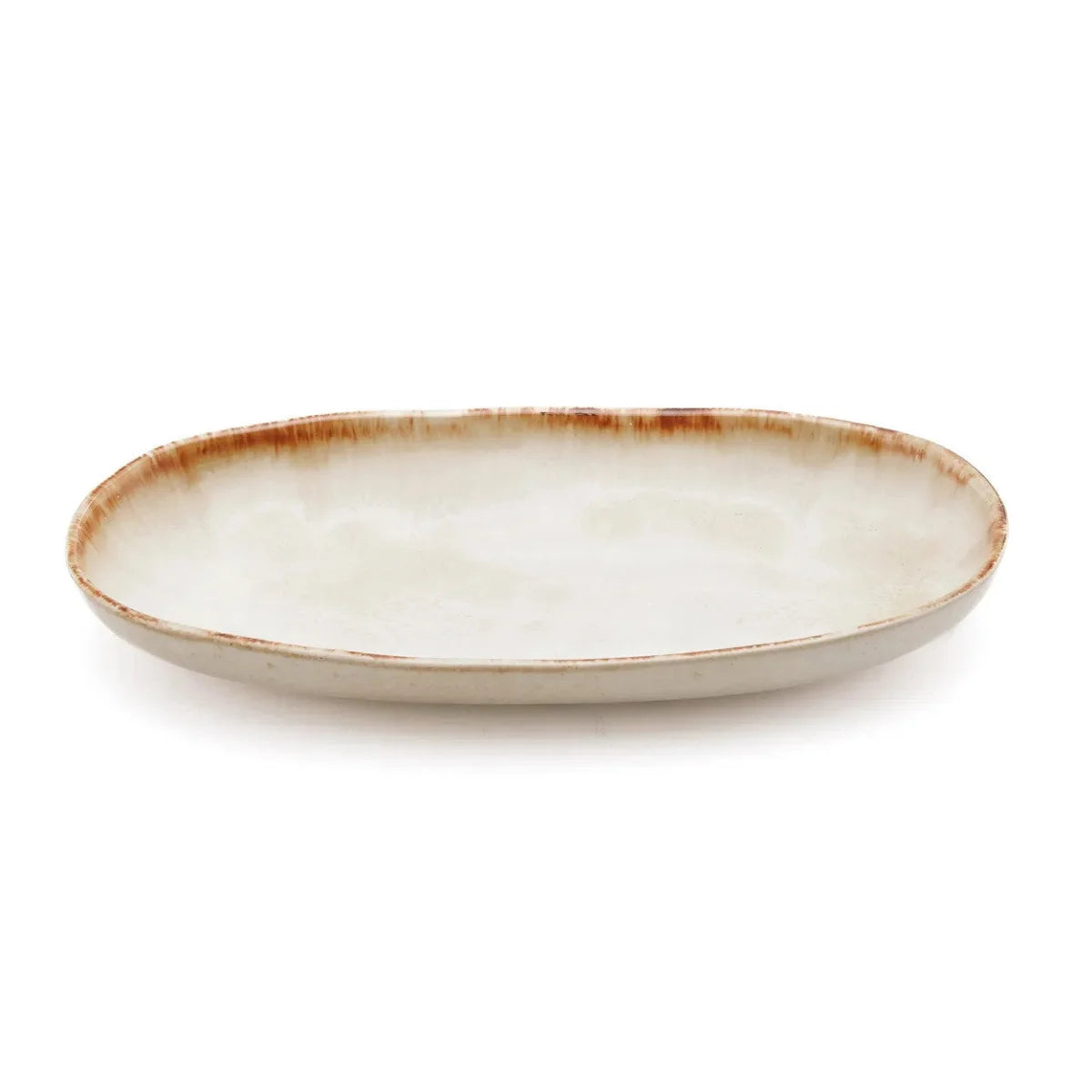 Assiettes ovales en céramique blanche et brune finition artisanale – Lot de 6