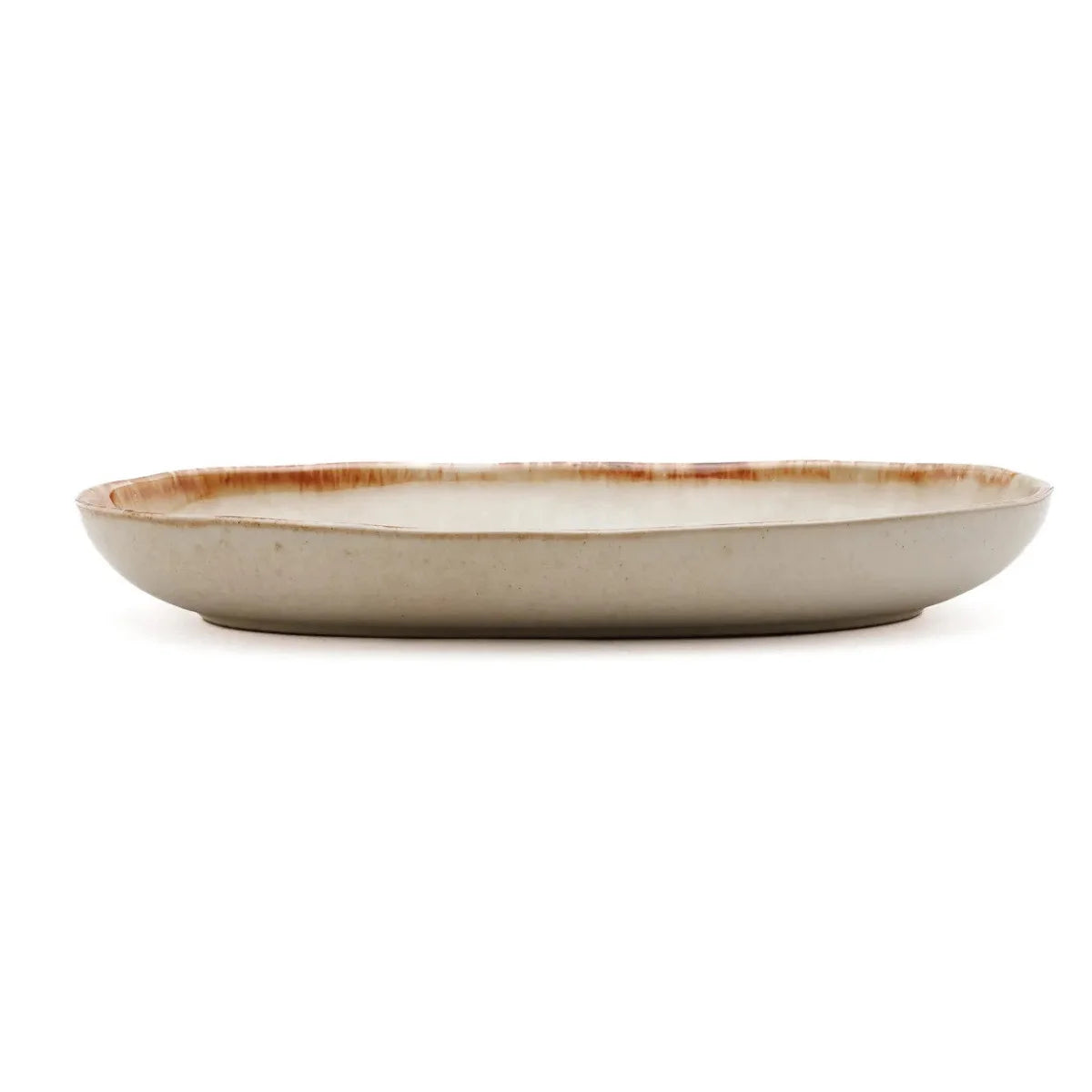 Assiettes ovales en céramique blanche et brune finition artisanale – Lot de 6