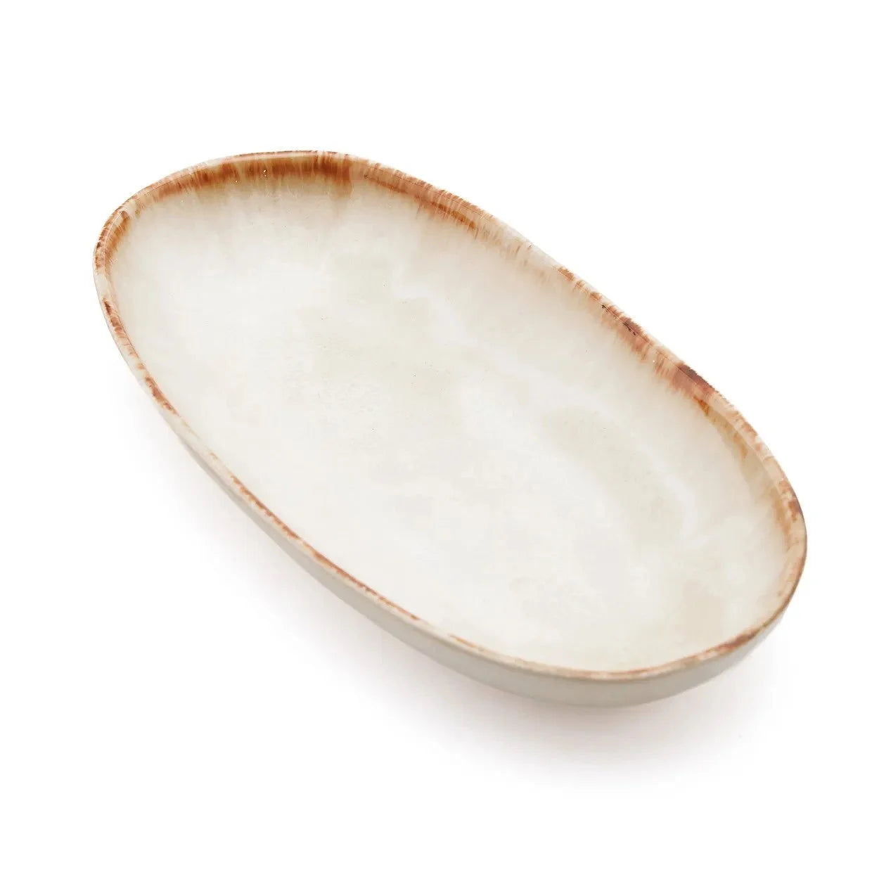 Assiettes ovales en céramique blanche et brune avec bord rustique, lot de 6