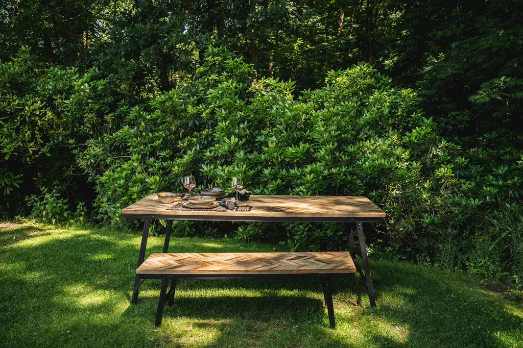 Banquette en bois naturelle pour extérieur, modèle Le banc à chevrons - Naturel - 150