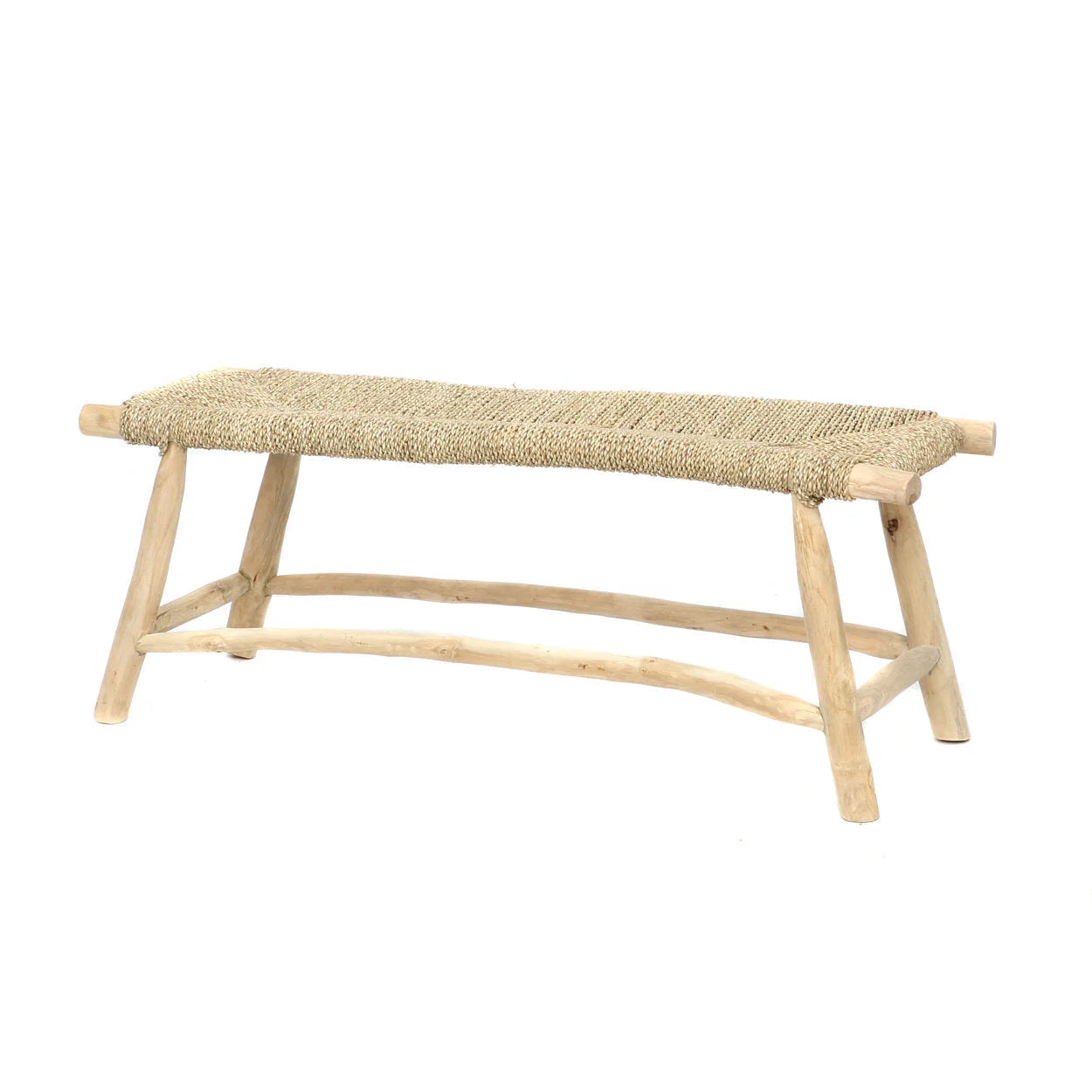 Banquette en bois clair avec siège en corde tressée, idéale pour intérieur ou terrasse