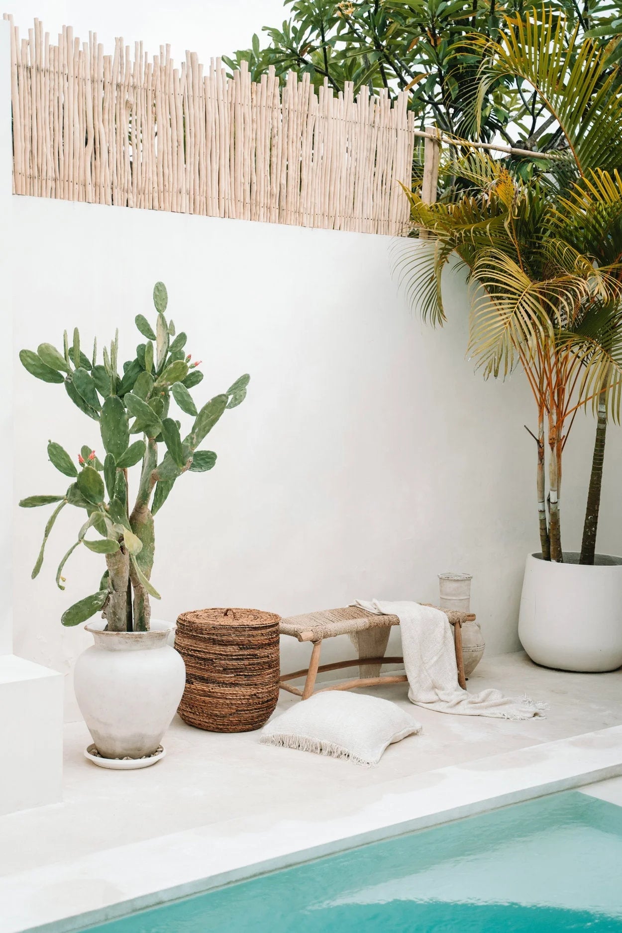 Banc en bois et fibre tressée naturel dans un espace extérieur paisible et minimaliste