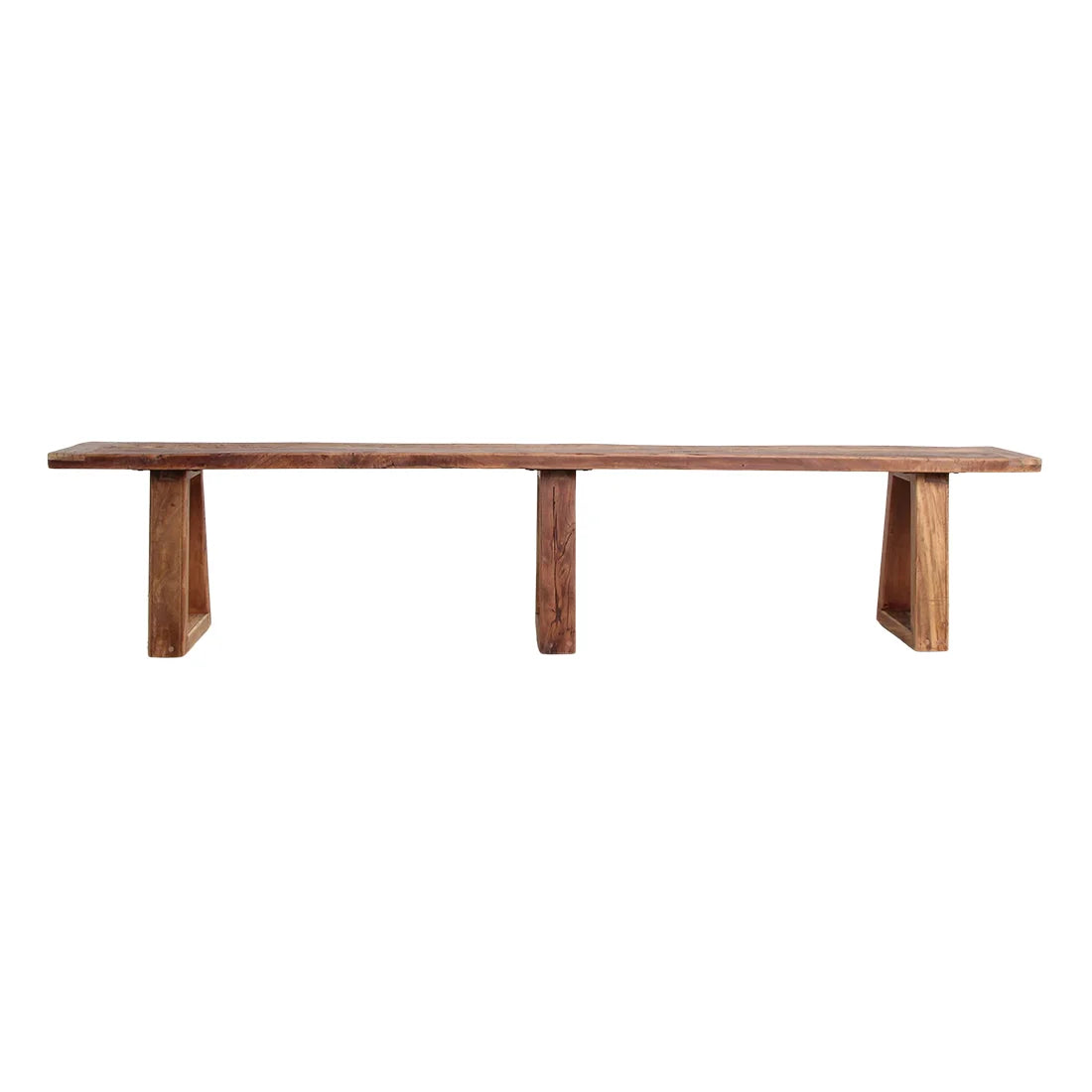 Banc en bois massif brun à piètements trapézoïdaux, 220x30 cm