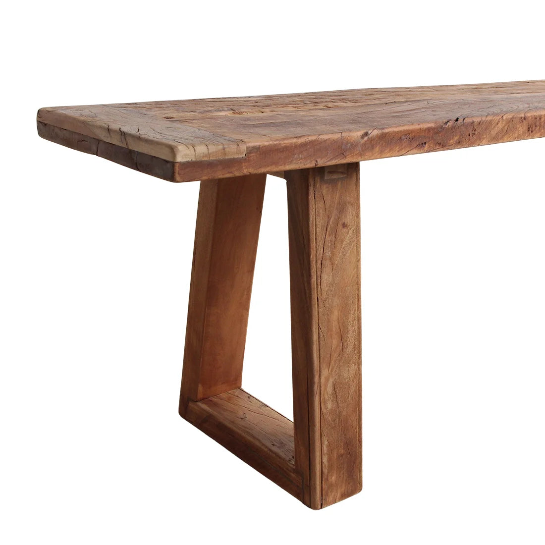 Banc en bois massif brun à piètements trapézoïdaux, 220x30 cm