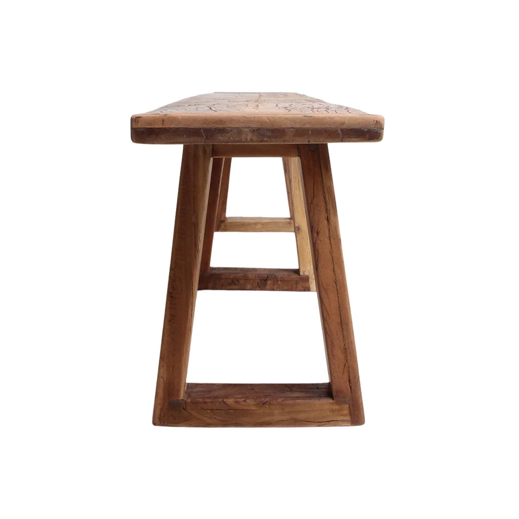 Banc en bois massif brun, piètements trapézoïdaux, 220x30 cm