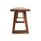 Banc en bois massif brun, piètements trapézoïdaux, 220x30 cm