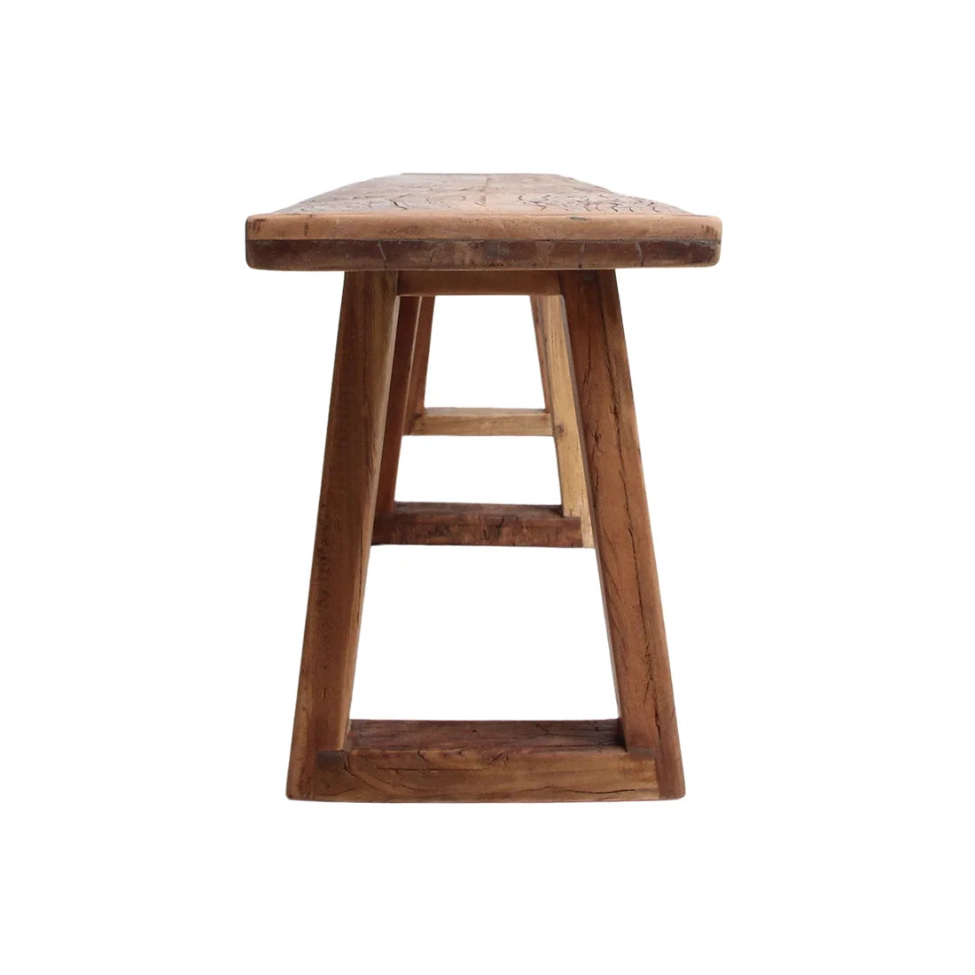 Banc en bois massif brun, piètements trapézoïdaux, 220x30 cm