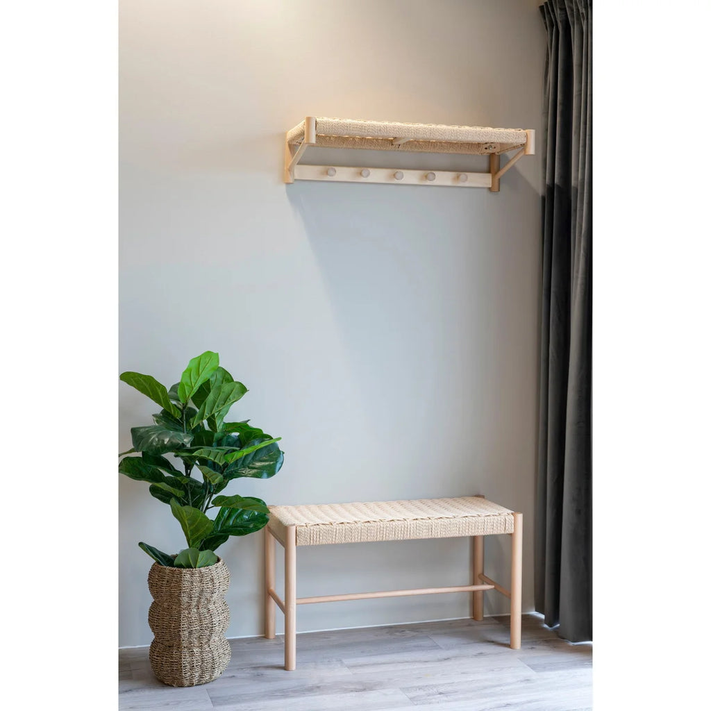 Banc en bois naturel avec assise tressée en osier et étagère murale, 80x35 cm