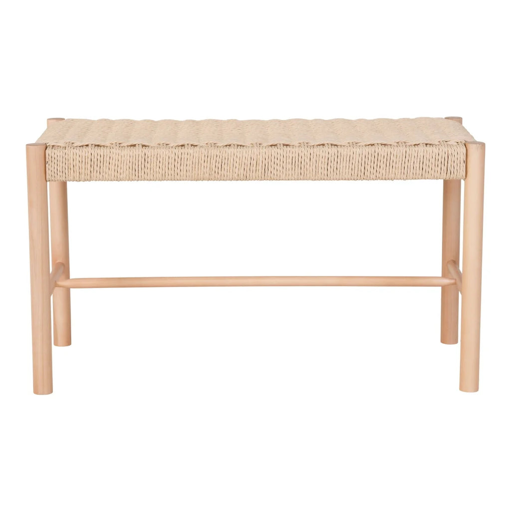 Banc rectangulaire en bois naturel avec assise tressée beige, 80x35 cm