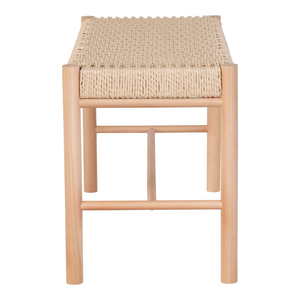 Banc en bois naturel avec assise tressée beige, 80x35 cm