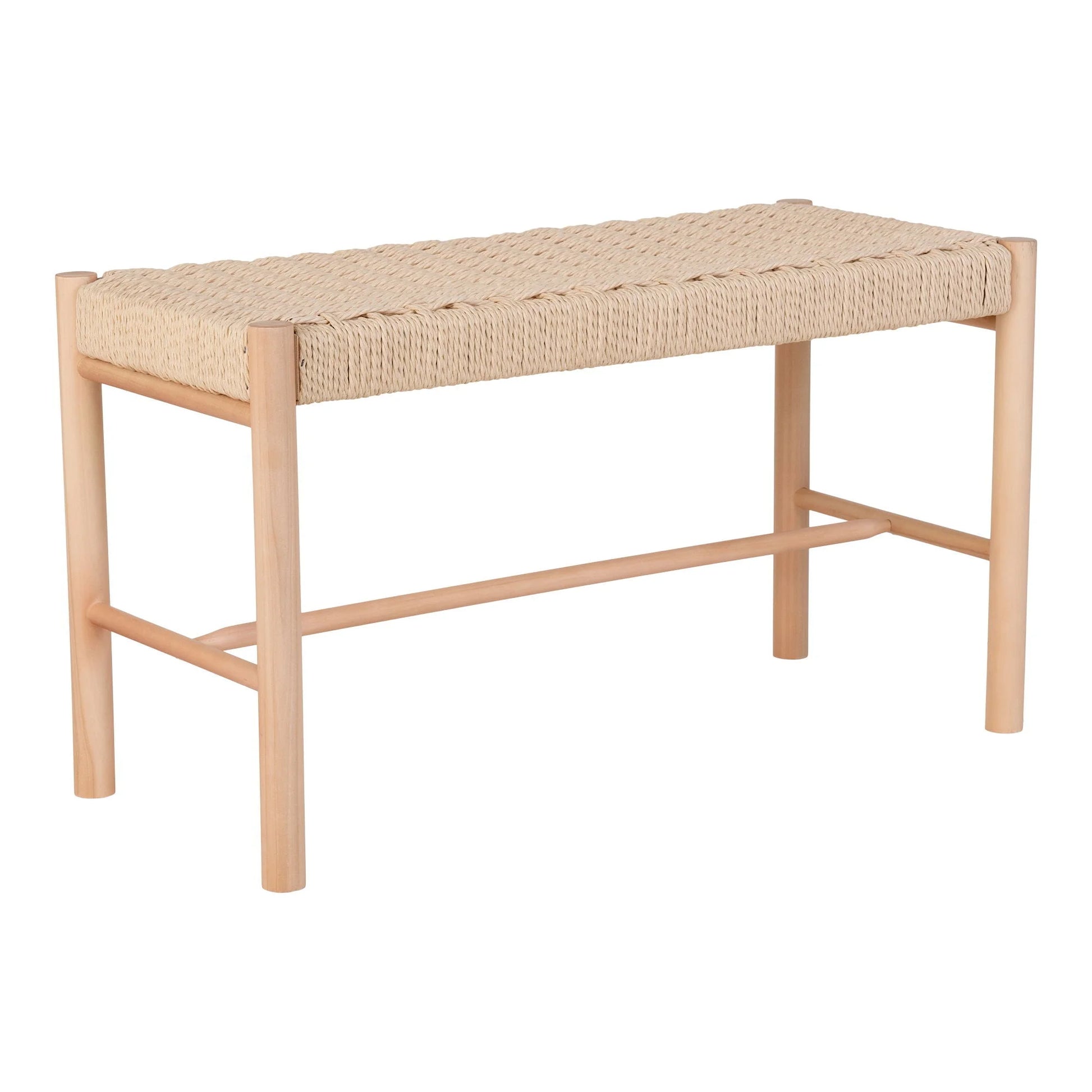 Banquette en bois naturel avec assise tressée et dessus tissé, dimensions 80x35 cm