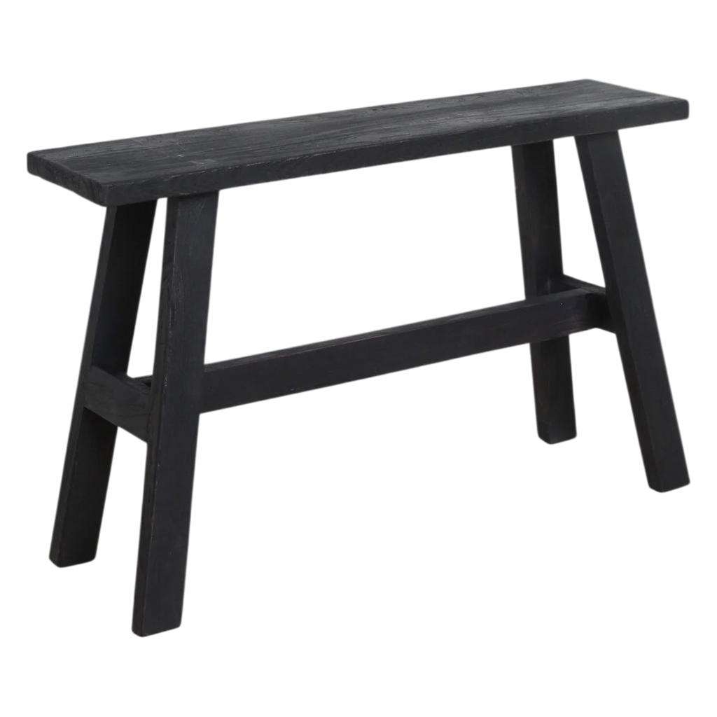 Banc en bois noir recyclé avec pieds en A robustes, 85x20 cm
